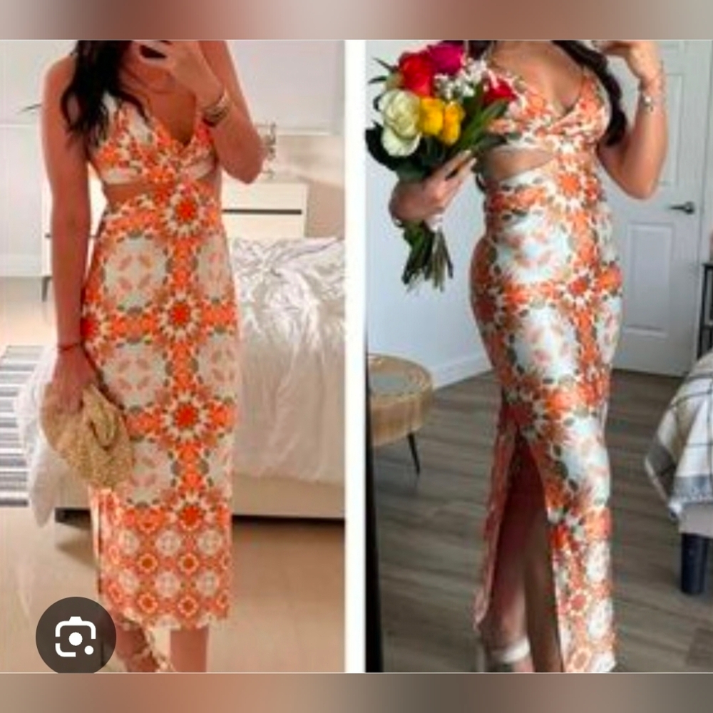 House of Harlow 1960 Floral Orange and White Midi Dress With Cutouts XS NWT